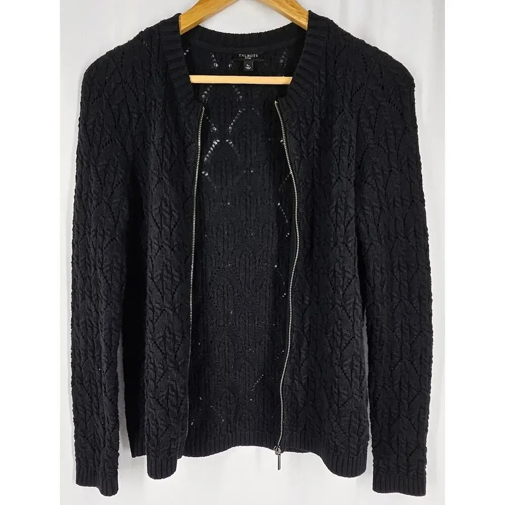 TALBOTS PETITES WOMEN'S KNIT BLACK ZIP UP SWEATER - SIZE SMALL PETITE